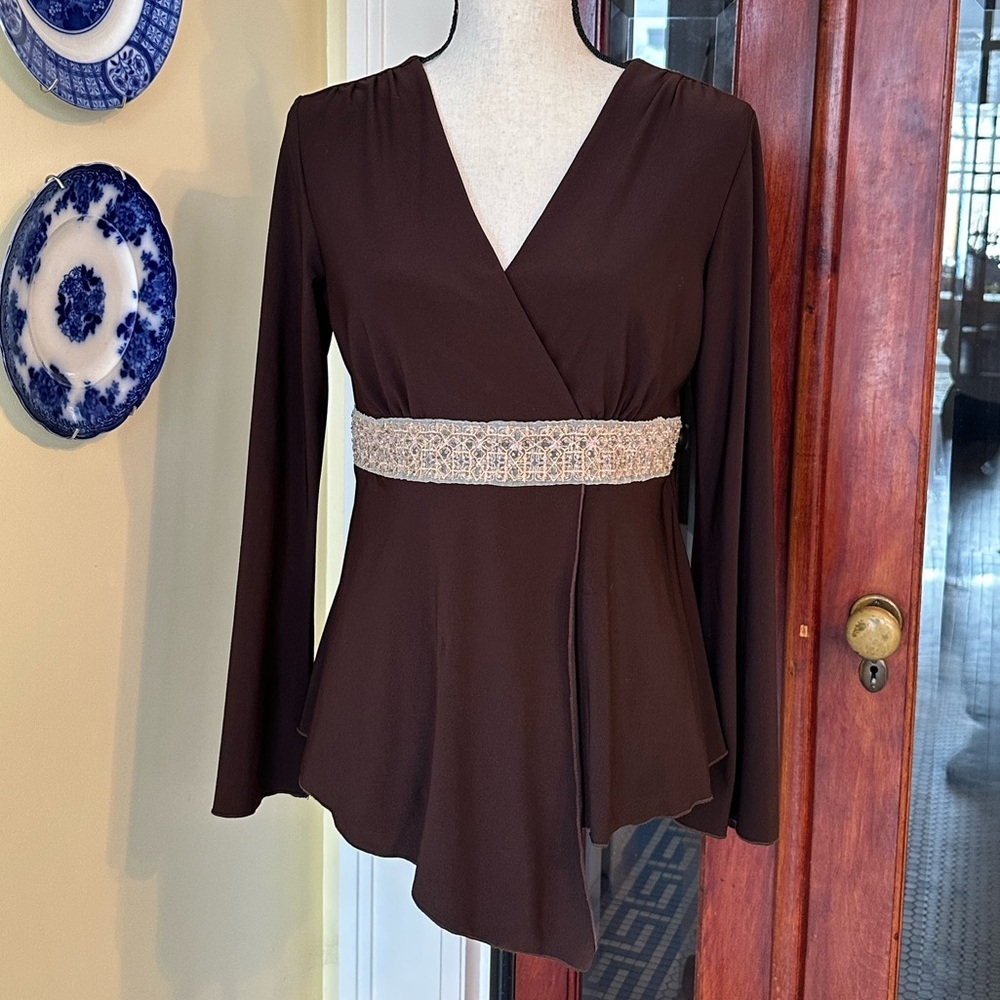 J.T.B. | Y2K Faux Wrap V-Neck Top w/Beaded Band at Waist & Asymmetrical Hem, M